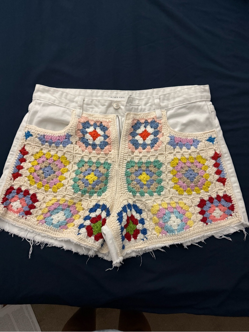 Altar'd State White Crochet Patchwork Jean Shorts with Multicolor Squares